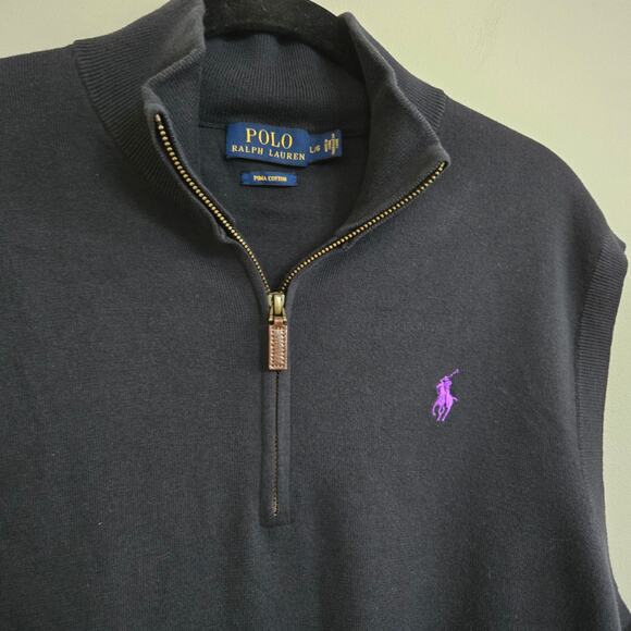 Polo Ralph Lauren Sweater Vest Size L Navy Blue Pima Cotton Purple Logo - Picture 6 of 13